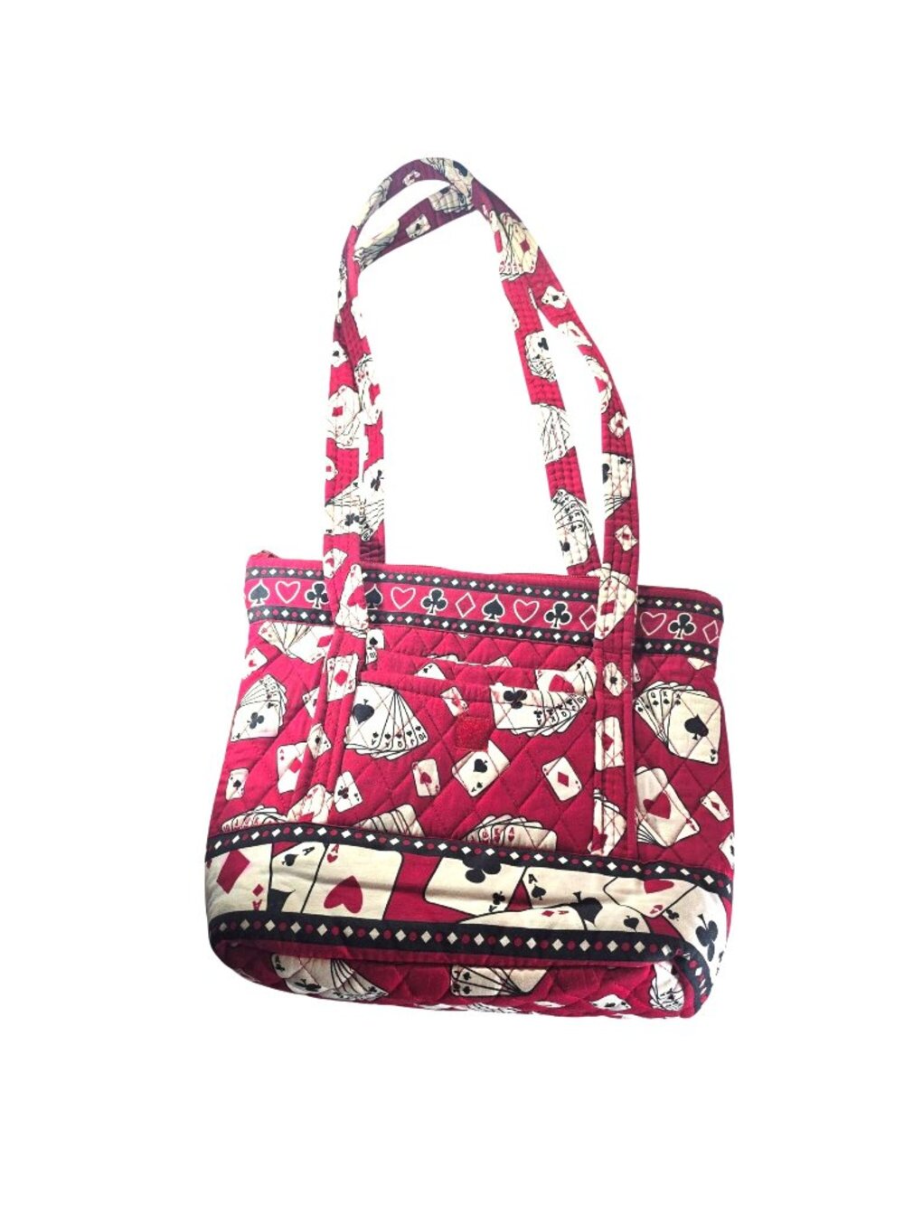 Quilted Red Tote Bag Playing Card Suits Zipper Multiple Pockets Purse Handbag